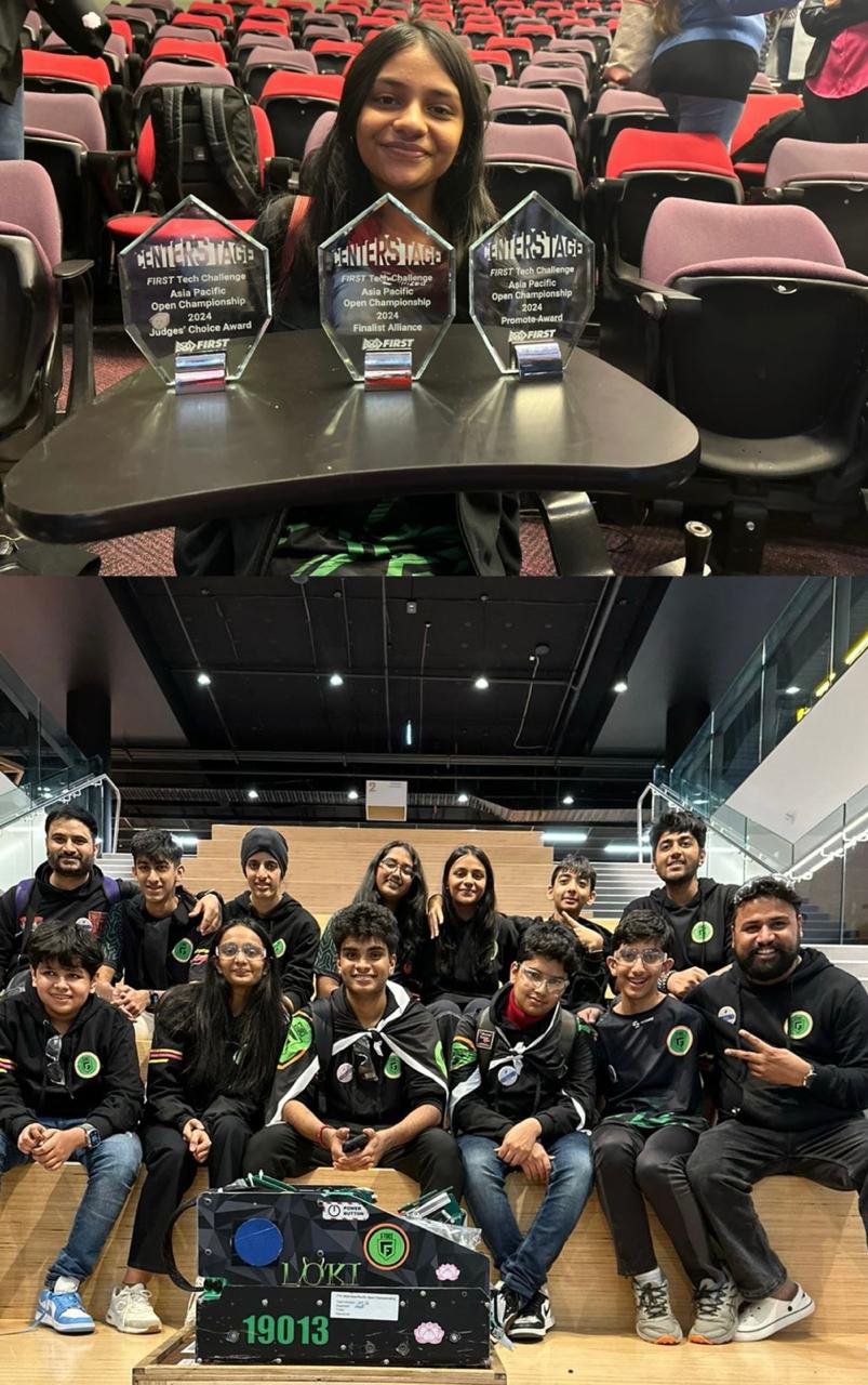 Anagha with three trophies, and Team G-Force with its robot in Sydney